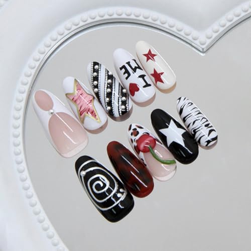 Short Almond Press On Nails Pink with Y2K Star 3D Star Black Swirl Cherry - color: Style2
