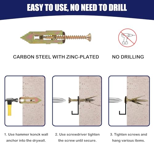 Maozaa 80Pcs Self Drilling Drywall Anchors with Screws Kit, 0.47x1.57 Inch Heavy Duty Grip Sheetrock Anchors for Wall, Zinc Plated Metal Expansion Anchor No Drill or Holes in Wall - size: 80PCS 0.47x1.57 inch
