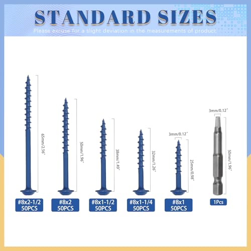 Glarks 250pcs #8 x 1’’, 1-1/4", 1-1/2’’, 2", 2-1/2" Pocket Hole Screws with Square Drill Bit Kit, Blue Coated Square Drive Wood Screws, Washer Head Coarse Thread Screw for Woodworking, Furniture - size: 250pcs 8x1,8x1-1/4,8x1-1/2,8x2,8x2-1/2