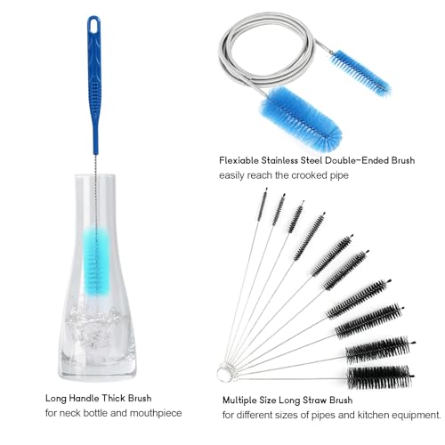 12 Pack Glass Tube Pipe Cleaner Brush Set, 17Inch Long Handle Nylon Brush | For Neck Bottle, 8.2 Inch Various Diameter Tube Straw Brush with Hook, 35 Inch Flexible Double Ended Hose Brush
