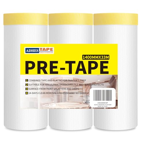 ADHES Pre Taped Masking Film with Adhesive Edge, 55 inch x 108 feet - size: 1400mm x 33m-3rolls