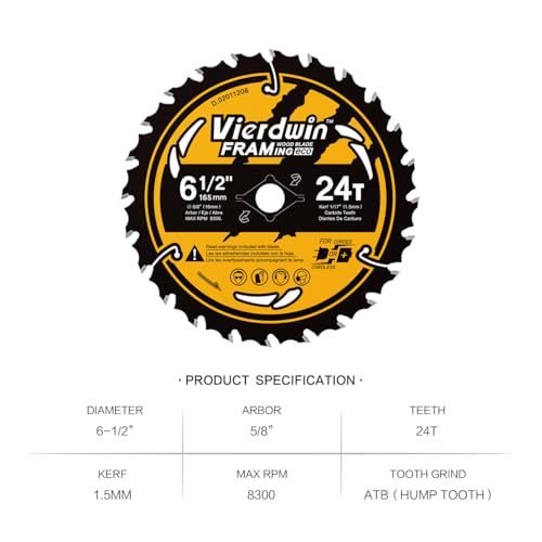 6-1/2" 24T Carbide Circular Saw Blade, 5/8" Arbor, 1-Pack for Wood - size: 6-1/2'' 24T(1pc)