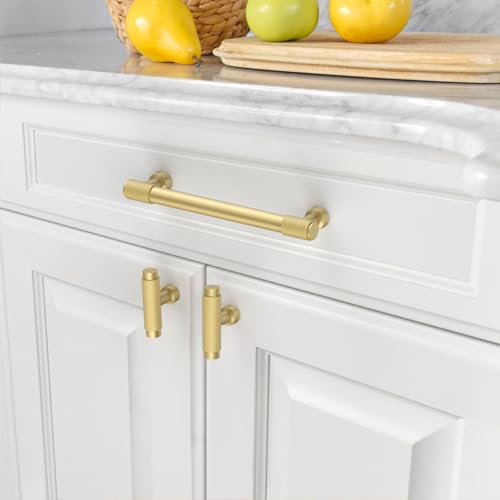 Amerdeco 10 Pack Brushed Gold Knurled Cabinet Pulls 5 Inch(128mm) Hole Center Kitchen Cabinet Handles Drawer Pulls Cabinet Hardware ZH0034 - color: Brushed Gold, size: 5"/128MM Hole Center