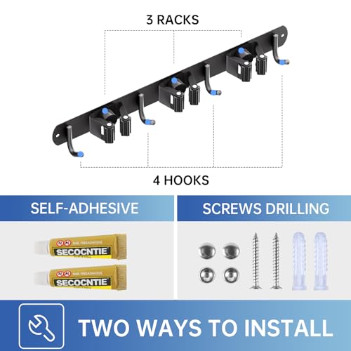 ZONGOOL Wall Mount Broom Holder 3 Racks 4 Hooks Metal Tool Organizer Black - color: Black, size: 1Pack 3R4H