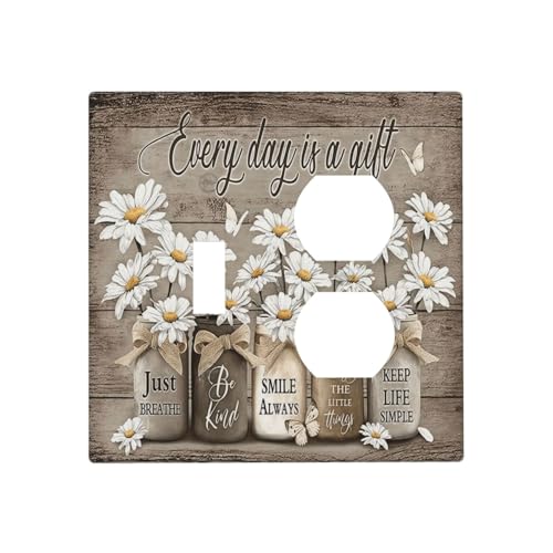 Floral Daisy Rustic Vintage Flower Vase Wood Grain Wallplates 1 Toggle 1 Duplex Switch Plate Electrical GFCI Faceplate Decorative Light Switch Covers for Farmhouse Home Decor - color: Floral Daisy Rustic Vintage Flower Vase Wood Grain, size: 1 Toggle 1 Du