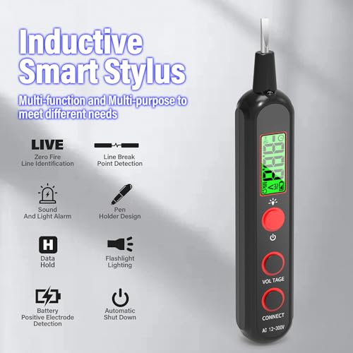 Smart Voltage Tester Pen, Non-Contact AC Detector with LCD, NCV Induction, Live/Neutral Identification, Breakpoint Detection & LED Flashlight, CAT II 300V for Home Repair, Electricians & DIY