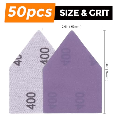 POLIWELL Ceramic Alumina 50PCS 90mm x 65mm Triangle Sanding Sheets Hook & Loop 400 Grit Replace Milwaukee M12 Orbital Detail Sander for Wood Finishing, Detail Sanding - size: 400 Grit