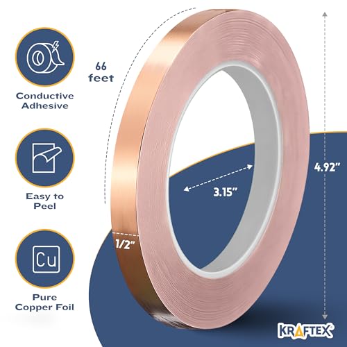 Kraftex Copper Tape 1/2 inch x 66ft. Copper Foil Tape for Stained Glass Soldering with Conductive Adhesive. Great Shielding for Guitars, EMI Shielding, Jewlery Making and Crafts - size: 1/2" x 66ft