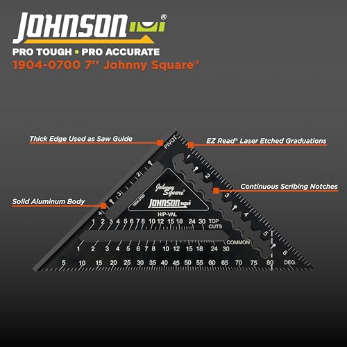 Johnson Level & Tool 1904-0700 Johnny Square Professional Easy-Read Aluminum Rafter Square, 7", Black, 1 Square - size: 7-inch, style: Standard