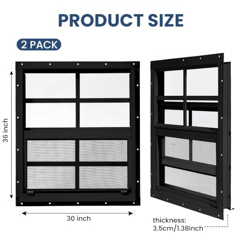 2 Pack Shed Windows, Chicken Coop Windows, 30" x 36" Black - color: Black, size: 30" x 36"