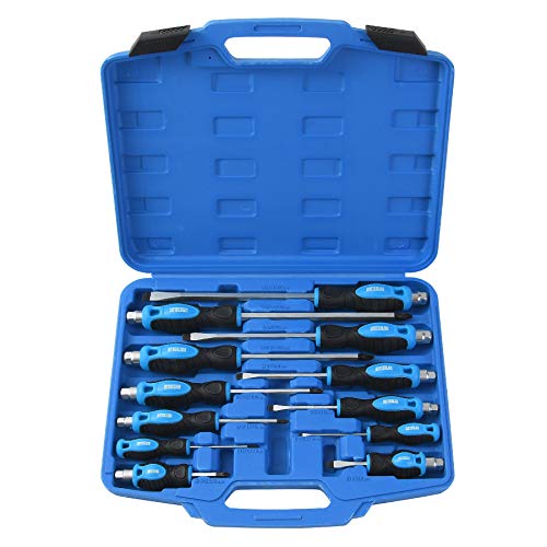 12-Piece Magnetic Screwdriver Set, Heavy Duty Screwdriver Set Go-Thru Steel Blades, High Torque 6 Phillips & 6 Flat Head Tips Screwdrivers Set with Case