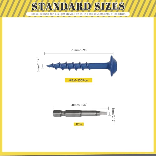 100Pcs Pocket Hole Screws, #8 x 1 Anti-Rust Blue Coated Exterior Wood Screws, Coarse Thread Washer Head Square Drive, 50MM Drive Bit Included - size: #8 x 1"