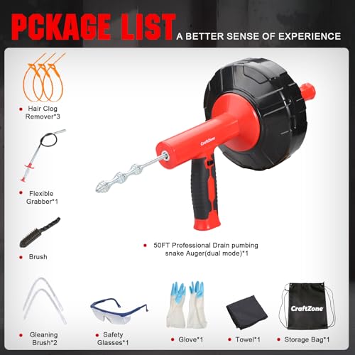 Drain Auger 33 Ft with Easy Cable Rewind System, Plumbing Snake with Drill Adapter, 2026 Upgraded Flexible Spring Steel Drain Cleaner for Kitchen, Bathroom, Shower & Sink