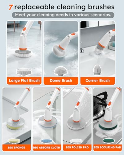 TUYU Electric Spin Scrubber,1500RPM Powerful Cleaning Brush for Home - color: White Orange