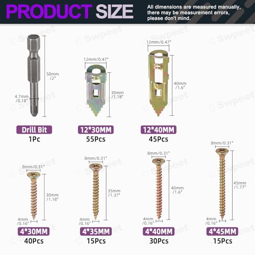 Swpeet 201Pcs 4 Sizes Colored Zinc-Plated Drywall Self-Drilling Anchors with Screws and Drill Bit Assortment Kit, No Drill Or Holes in Wall for TV, Bike, Shelf Straps, Decoration Fixing Curtains - color: Colored