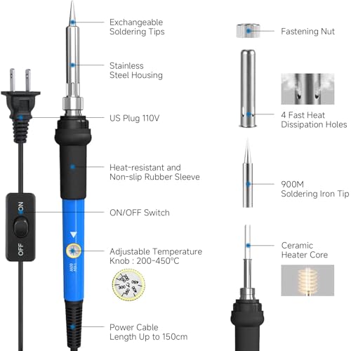 LDK 60W Soldering Iron Kit, 110V Soldering Iron Adjustable Temperature - color: Blue
