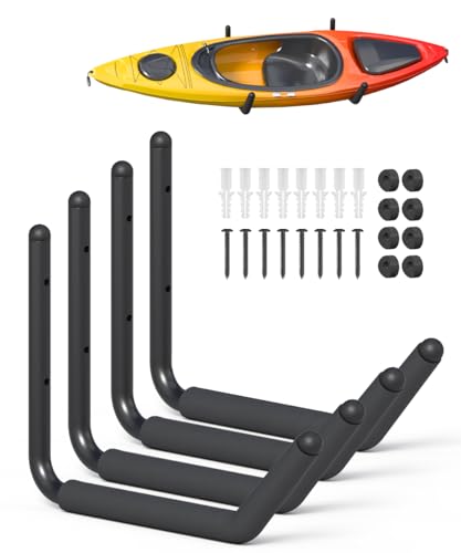 Heavy Duty Kayak Storage Rack with EVA Foam & Rubber Bushing, Wall Mount Kayak Hangers Large Hooks for Garage Hanger Canoe, Surfboard, Skiboard, Snowboard, Paddle Board, Ladders, Bike