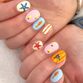 Summer Press On Nails Short Almond Colorful with Starfish Lemon Stripes - color: Style10