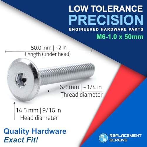 ReplacementScrews M6 x 50 Joint Connector Bolts (50mm Length, 1mm Pitch) | Fine Threaded M6, JCB Furniture Assembly Screws, Flat Head, Blunt Tip, 4mm Hex (Allen) Drive, Zinc Plated Steel, Pack of 5