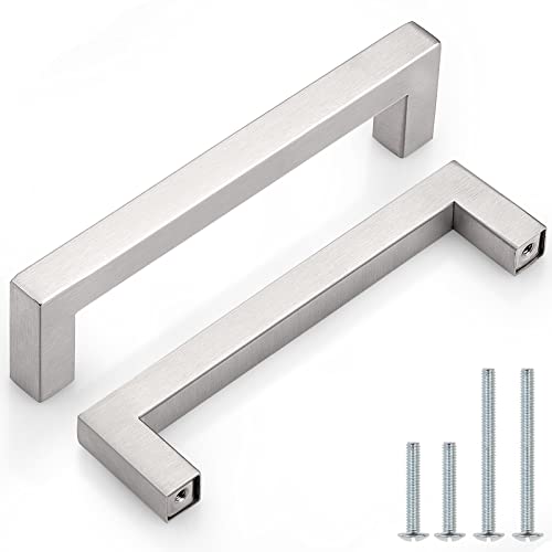 Probrico (10 Pack) 5 inch Holes Centers Square Kitchen Cabinet Handles Stainless Steel Cabinet Drawer Handles Brushed Nickel Euro Bar Pulls 5-1/2 inch Total Length - color: Brushed Nickel, size: hole center 5"