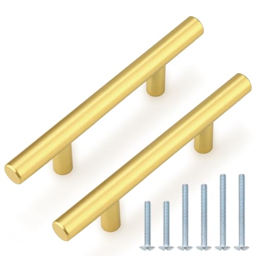 Probrico 5 Pack 3-1/2 Inch Center-to-Center Kitchen Cabinet Pulls T Bar Gold Cabinet Handles Modern Drawer Hardware Dresser Pulls, 6 Inch Total Length - color: Gold, size: hole center 3-1/2"
