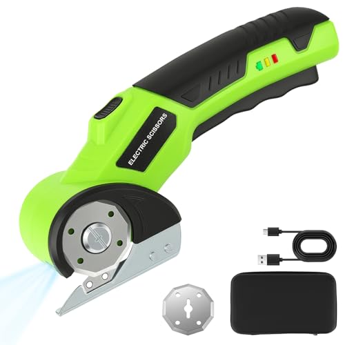 Electric Cardboard Cutter, 4V Cordless Electric Scissors with 2000mAh Battery & LED Light, Rotary Box Cutter Tool with Safety Lock & Replacement Blade for Cardboard & Fabric