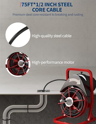 Garvee Drain Cleaner Machine, 75 Ft x 1/2 Inch Steel Core Cable, Portable 370 W Electric with Sewer Auger, Cutter, Air-Activated Foot Switch, for Commercial, Home