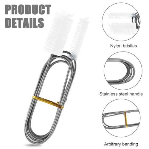 2pcs Flexible Long Drain Brush Set, Hose Pipe Stainless Steel Nylon Bristles Brushes with Dual Heads Tube Cleaner Brush for Kitchen, Sink, Drain Pipe, and Pipe Cleaning Tool - color: White