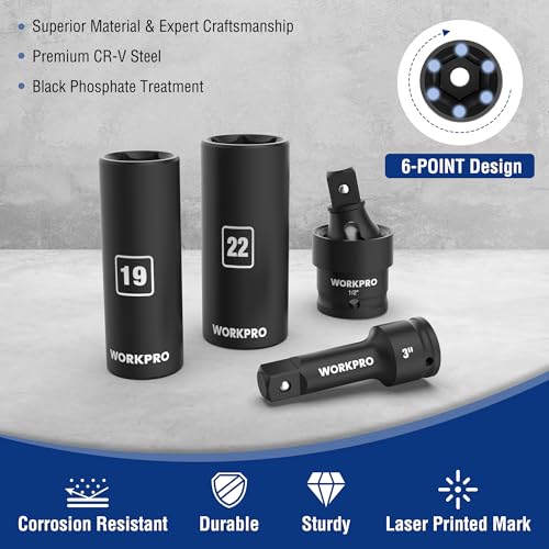 WORKPRO 1/2” Drive Impact Socket Set, 65PCS SAE(3/8”-1-1/4”) and Metric(10-24mm) Deep & Shallow Kit, Ratchet Handle, Extension Bar, Impact Universal Joint and Adapters for Automotive Repair - size: 65 PCS, Metric&SAE