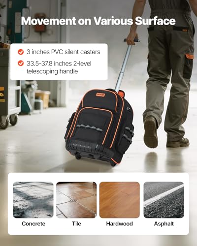 VEVOR Rolling Tool Backpack, 110 lbs Load Capacity, 45 Pockets Heavy Duty Roller Tool Bag on Wheels, Adjustable Telescoping Handle & Stable Base, Toolbag Organizers for Construction, Mechanic - style: Tool Backpack