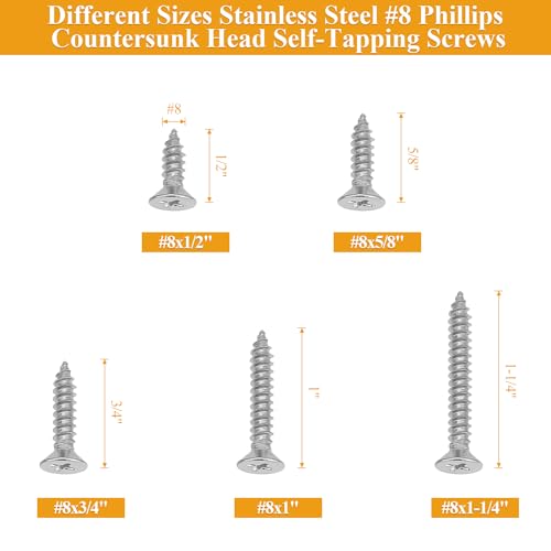 145 Pieces #8 x 1/2" 5/8" 3/4" 1" 1-1/4" Wood Screws Set, Phillips Countersunk Head #8 Self-Tapping Screws Assortment Kit, 304 Stainless Steel - size: #8, style: Phillips Countersunk Head