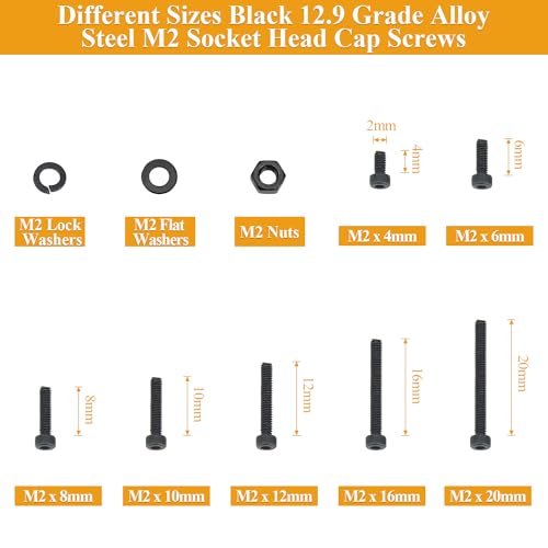 705 Pieces M2 Screws Nuts Washers Set Black, Sutemribor M2 x 4/6/8/10/12/16/20mm Hex Socket Head Cap Screws Nuts Washers Assortment Kit, 12.9 Grade Alloy Steel, Fully Threaded - size: M2 x 4/6/8/10/12/16/20mm Kit, style: Socket Head
