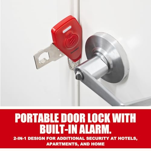 Door Security Bar & Portable Door Lock with Alarm (Chrome) – High-Grade Iron Door Jammer & 130dB Alarm for Home, Apartment, Hotel & Travel Safety – (Red)