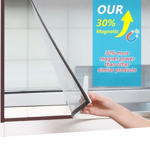 Magnetic Window Screen, Max 58 x 36 Inch DIY Cut-to-Fit Fiberglass Mesh Replacement Kit for House Windows, Strong Magnetic Seal, No-Drill Installation, White Frame with Gray Mesh - size: 58"x36"(147x91cm)
