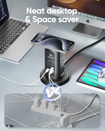 Kakyanill 30W USB Charging Station, Power Strip Tower with 9 AC 8 USB - color: Black&Grey