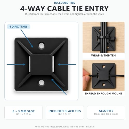 1 in Adhesive Zip Tie Mounts with 8 in Zip Ties, black 100 Sets - color: Black-100set