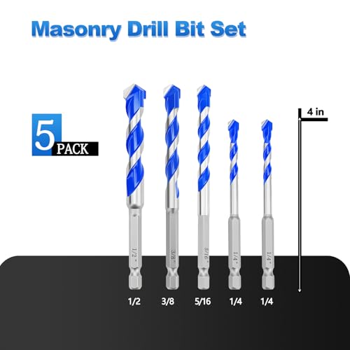 5 Pack 1/4", 1/4", 5/16", 3/8", 1/2" Masonry Drill Bit Set,Hex Shank - size: 1/4 to 1/2 inch（ 5 Pack ）, style: Hex Shank