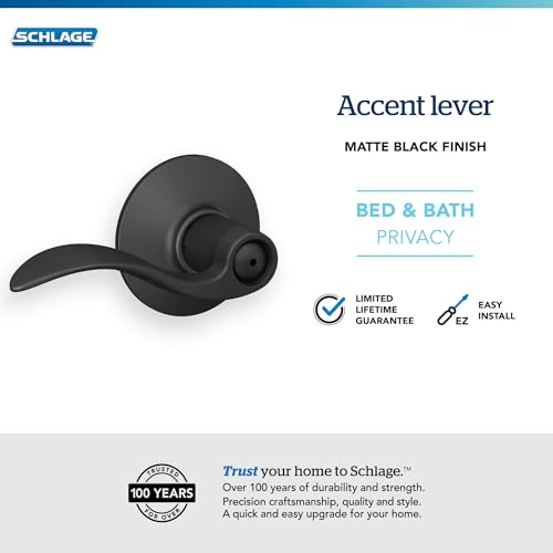 Schlage F40 ACC 622 Accent Door Lever, Bed & Bath Privacy Lock, Matte Black - color: Matte Black, size: Standard