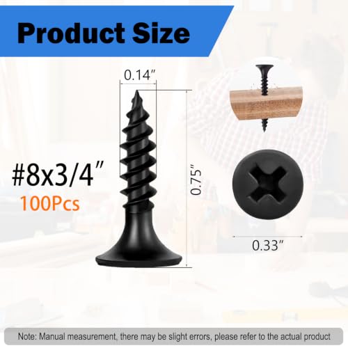 100Pcs Self-Tapping Black Wood Screws with Driver Bit, #8 x 3/4" - size: #8x3/4"