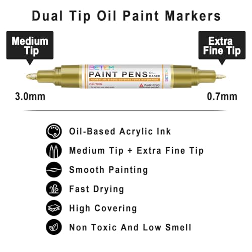 Betem 4 Gold Silver Oil Based Paint Pens, Permanent Fabric Paint Markers - color: 2 Gold & 2 Sliver