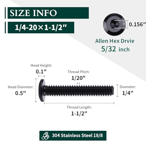 1/4-20 x 1-1/2" Black Hex Socket Head Cap Screws, 304 Stainless Steel 18-8, Furniture Bolts, Connector Screws, Black Coated, Full Thread, 25 PCS - size: 1/4-20 x 1-1/2"