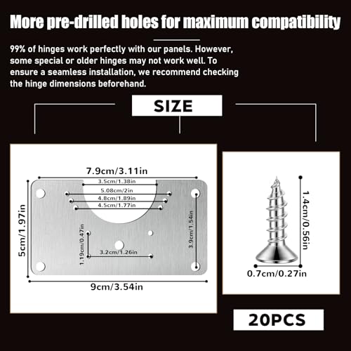 20 Pcs Cabinet Hinge Repair Replacement Kit, Upgraded Half Square Cabinet Hinge Repair Plate Kit Hinges Repairs Board, CabinetHinges Repairs Brackets with Screws (Half-Square) - size: 3.54 x 1.97 inches