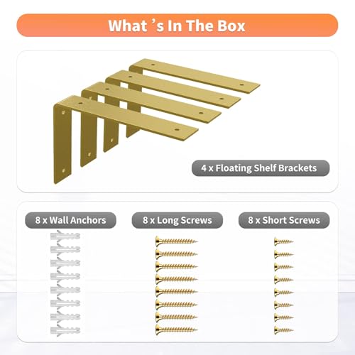 Gold Heavy Duty Shelf Brackets 4 Inch, Rustic Gold Iron L Shelf Bracket, Industrial Modern Metal Floating Shelf with Hardware for DIY Open Shelving, 4 Pack - color: Gold, size: 4 Inch