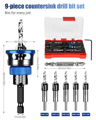 9PCS Countersink Drill Bit Set with Adjustable Depth Stopper - color: Blue, size: Standard - Manual Adjustment