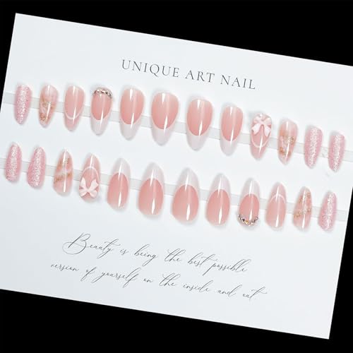 French Tip Almond Press on Nails Medium Pink Fake Nails 3D Bow Diamond Glitter Designs,Cute Reusable Artificial Nail Full Cover Stick on Nails for Women Manicure 24Pcs - color: 3d bow french pink glitter