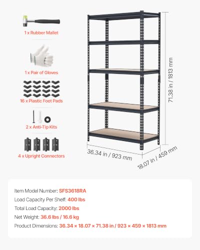 VEVOR Storage Shelves, 5-Tier Adjustable, 2000 lbs Capacity, Heavy Duty Garage Storage Shelving Unit, Metal Utility Rack Shelf, for Garage Warehouse Basement Kitchen, 36.34" W x 18.07" D x 71.38" H - size: 18.07" D x 36.34" W x 71.38" H