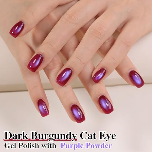 Double Rhythm Jelly Glass Cat Eye Gel Polish with Magnet 15ML Holographic Glitter Shimmer Translucent Sheer Color Magnetic Nail Polish Salon DIY at Home (Burgundy Purple-MC1265) - color: Aurora Burgundy