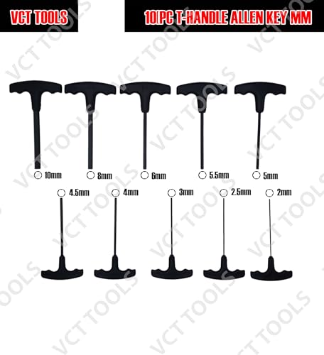 VCT 10pc T-Handle Hex Allen Key Wrench Set Metric MM 2, 2.5, 3, 4, 4.5, 5, 5.5, 6, 8,10mm W/Holder