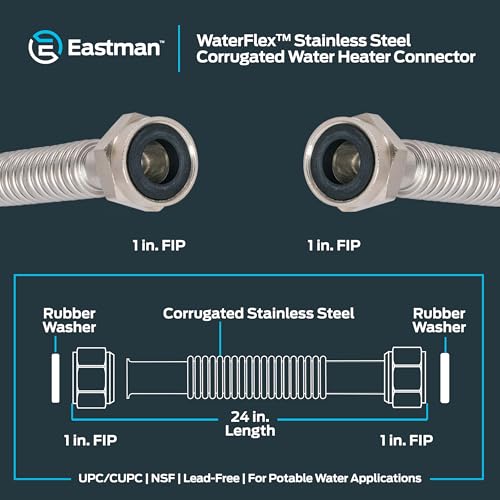 Eastman 24 Inch WaterFlex Water Heater Connector, 1 Inch FIP x 1 Inch FIP, Stainless Steel Corrugated Water Heater Supply Line, 447524 - size: 24 in. L x 1 in. FIP x 1 in. FIP