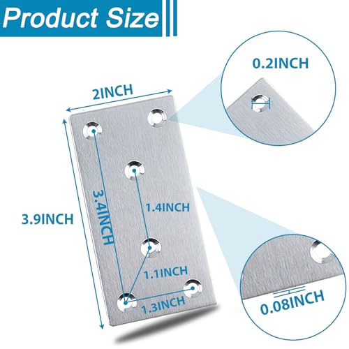 50 Pack 4X2 Inch Silver Mending Plates Stainless Steel Joining Brackets - size: Silver,4“x2"